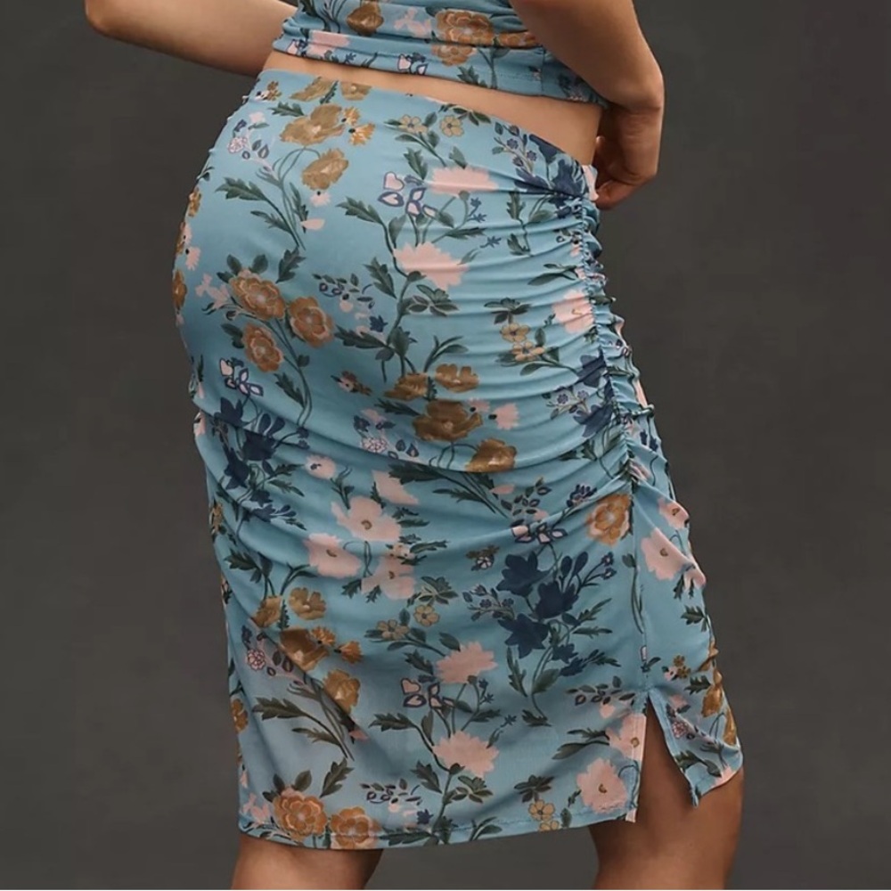 Anthropologie The Maeve Knee-Length Printed Mesh Skirt Blue Floral Print NWT